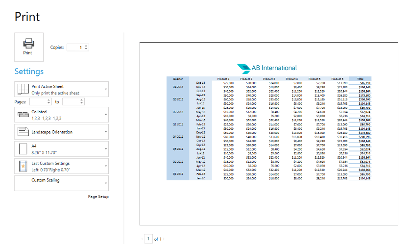 Print preview after setting the worksheet page setup settings
