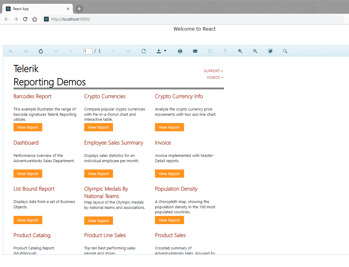 HTML5 Report Viewer in React application showing the Report Catalog demo